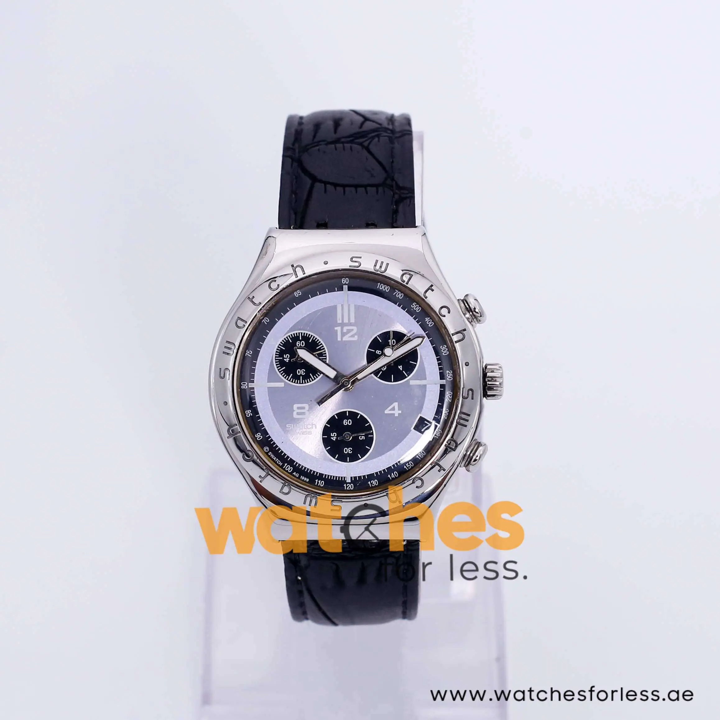 Swatch Men’s Swiss Made Quartz Black Leather Strap Silver & Purple Dial 40mm Watch YGS70098 UAE DUBAI AJMAN SHARJAH ABU DHABI RAS AL KHAIMA UMM UL QUWAIN ALAIN FUJAIRAH