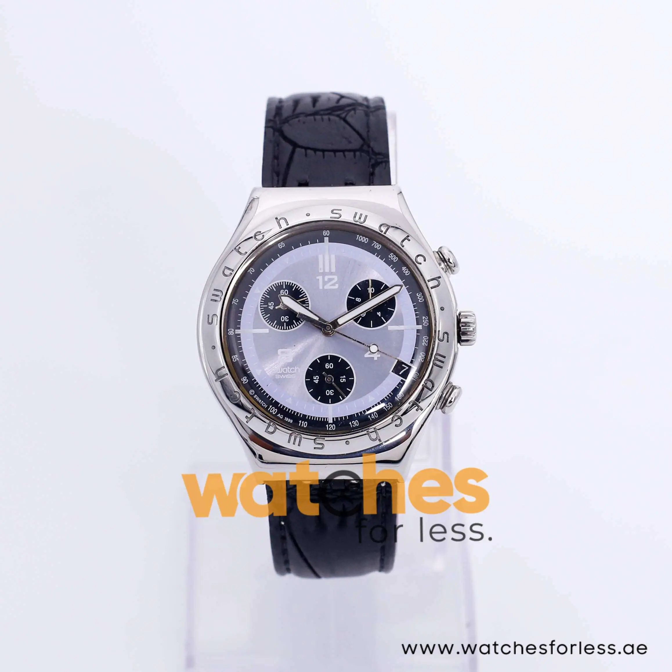 Swatch Men’s Swiss Made Quartz Black Leather Strap Silver & Purple Dial 40mm Watch YGS70098 UAE DUBAI AJMAN SHARJAH ABU DHABI RAS AL KHAIMA UMM UL QUWAIN ALAIN FUJAIRAH