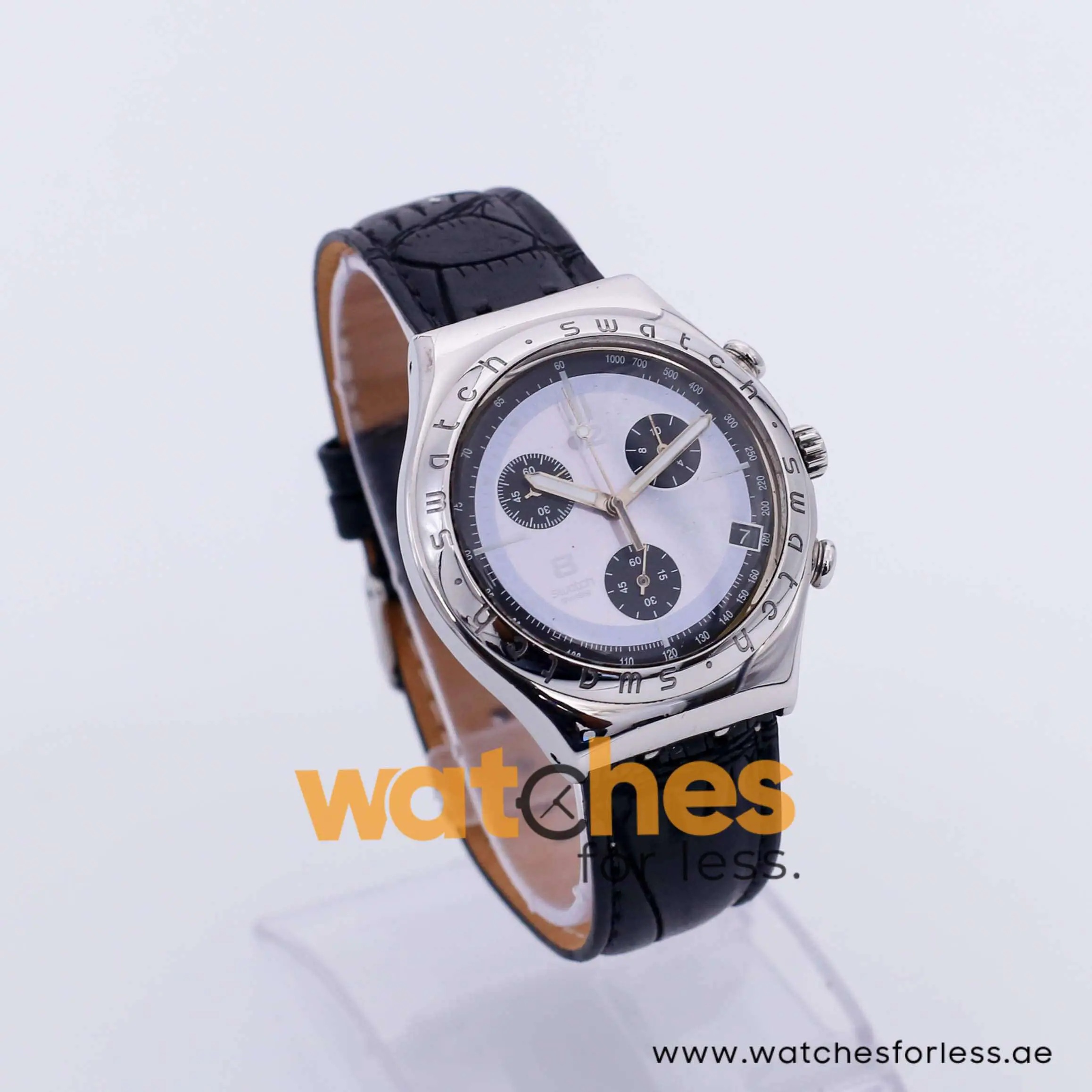 Swatch Men’s Swiss Made Quartz Black Leather Strap Silver & Purple Dial 40mm Watch YGS70098 UAE DUBAI AJMAN SHARJAH ABU DHABI RAS AL KHAIMA UMM UL QUWAIN ALAIN FUJAIRAH