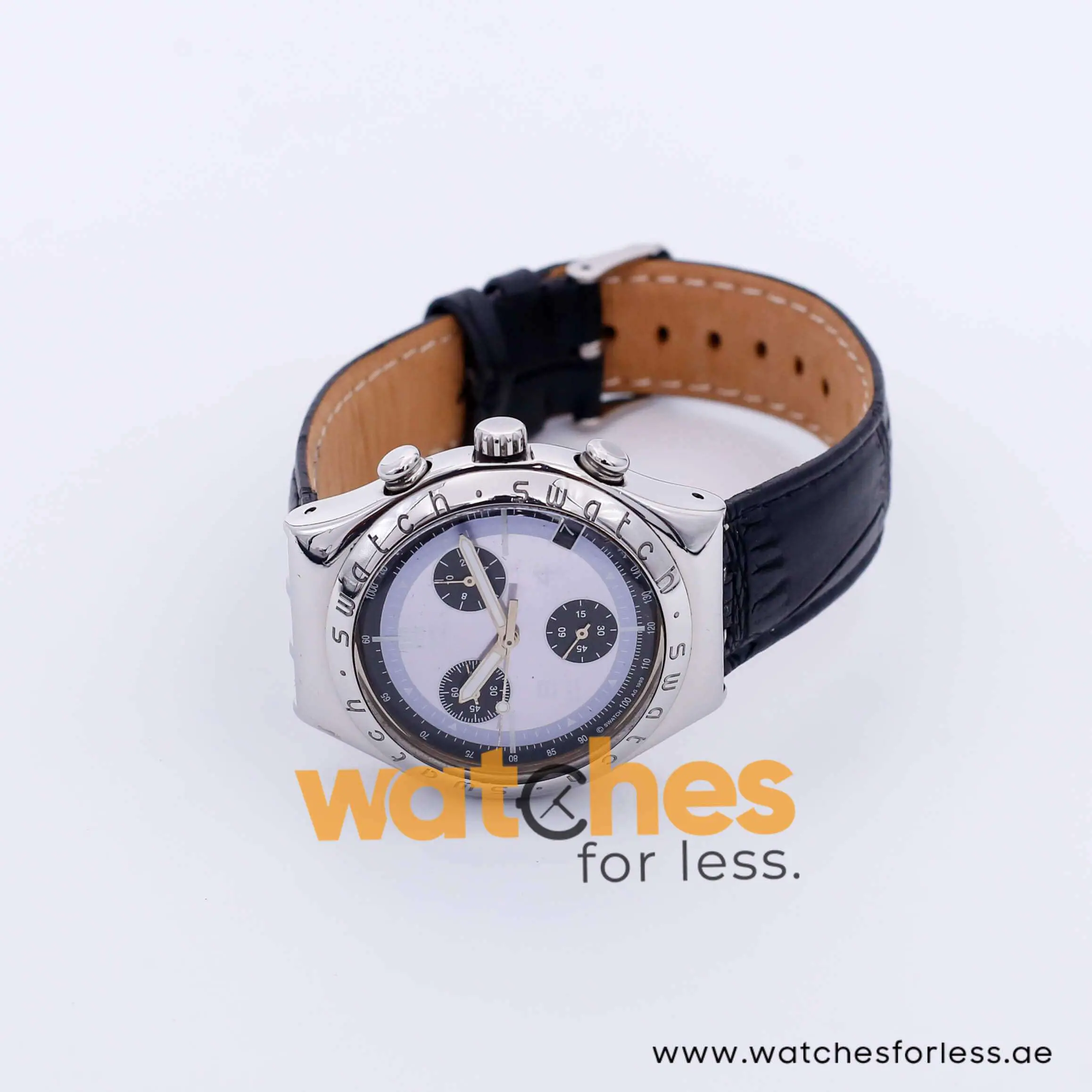 Swatch Men’s Swiss Made Quartz Black Leather Strap Silver & Purple Dial 40mm Watch YGS70098 UAE DUBAI AJMAN SHARJAH ABU DHABI RAS AL KHAIMA UMM UL QUWAIN ALAIN FUJAIRAH