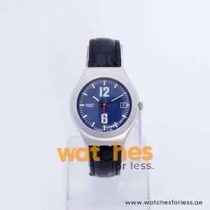 Swatch Unisex Swiss Made Quartz Black Leather Strap Blue Dial 37mm Watch YGS12689 UAE DUBAI AJMAN SHARJAH ABU DHABI RAS AL KHAIMA UMM UL QUWAIN ALAIN FUJAIRAH