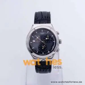 Swatch Men’s Swiss Made Quartz Black Leather Strap Grey & Black Dial 40mm Watch YCS410GX