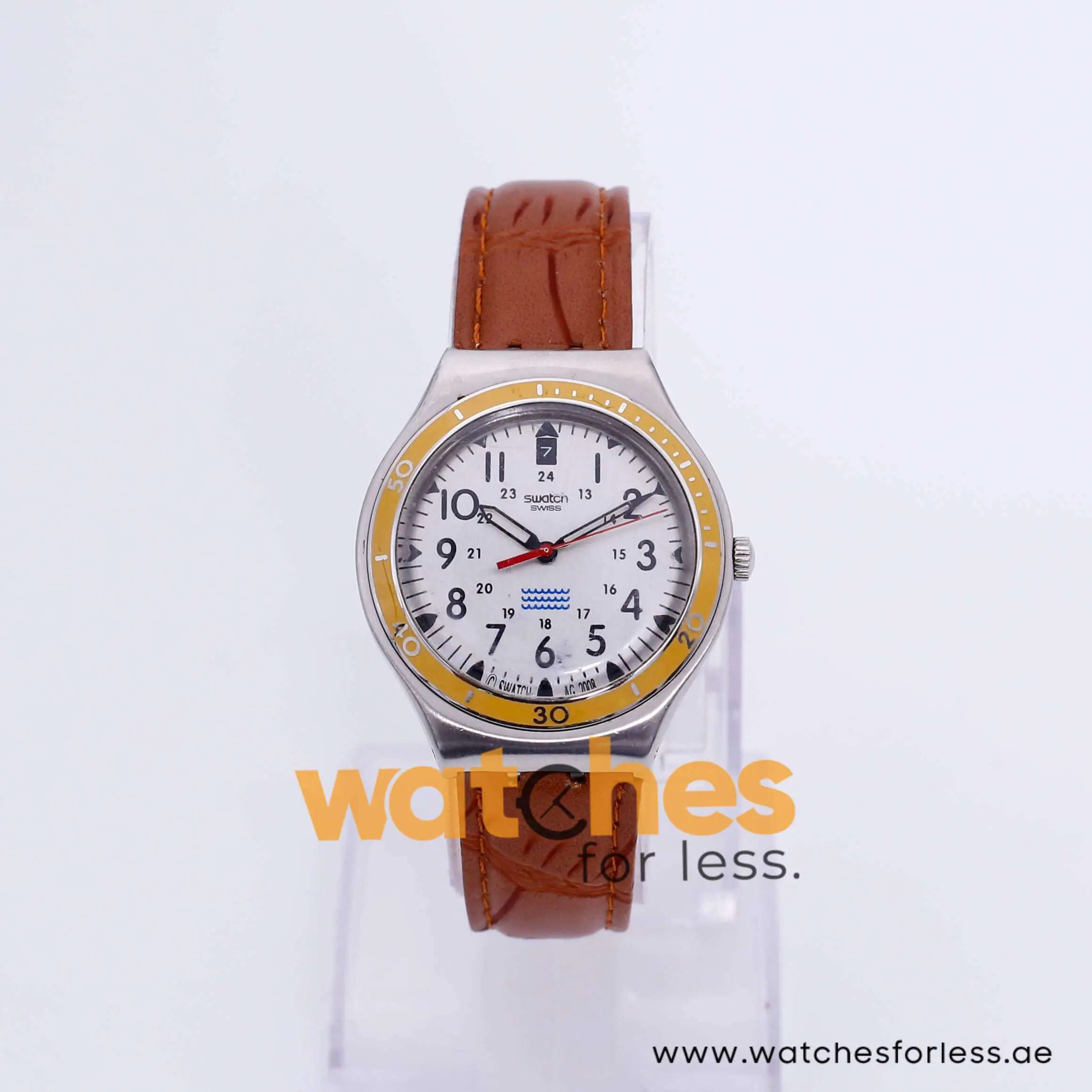 Swatch Men’s Swiss Made Quartz Brown Leather Strap Silver Dial 37mm Watch YGS462G UAE DUBAI AJMAN SHARJAH ABU DHABI RAS AL KHAIMA UMM UL QUWAIN ALAIN FUJAIRAH