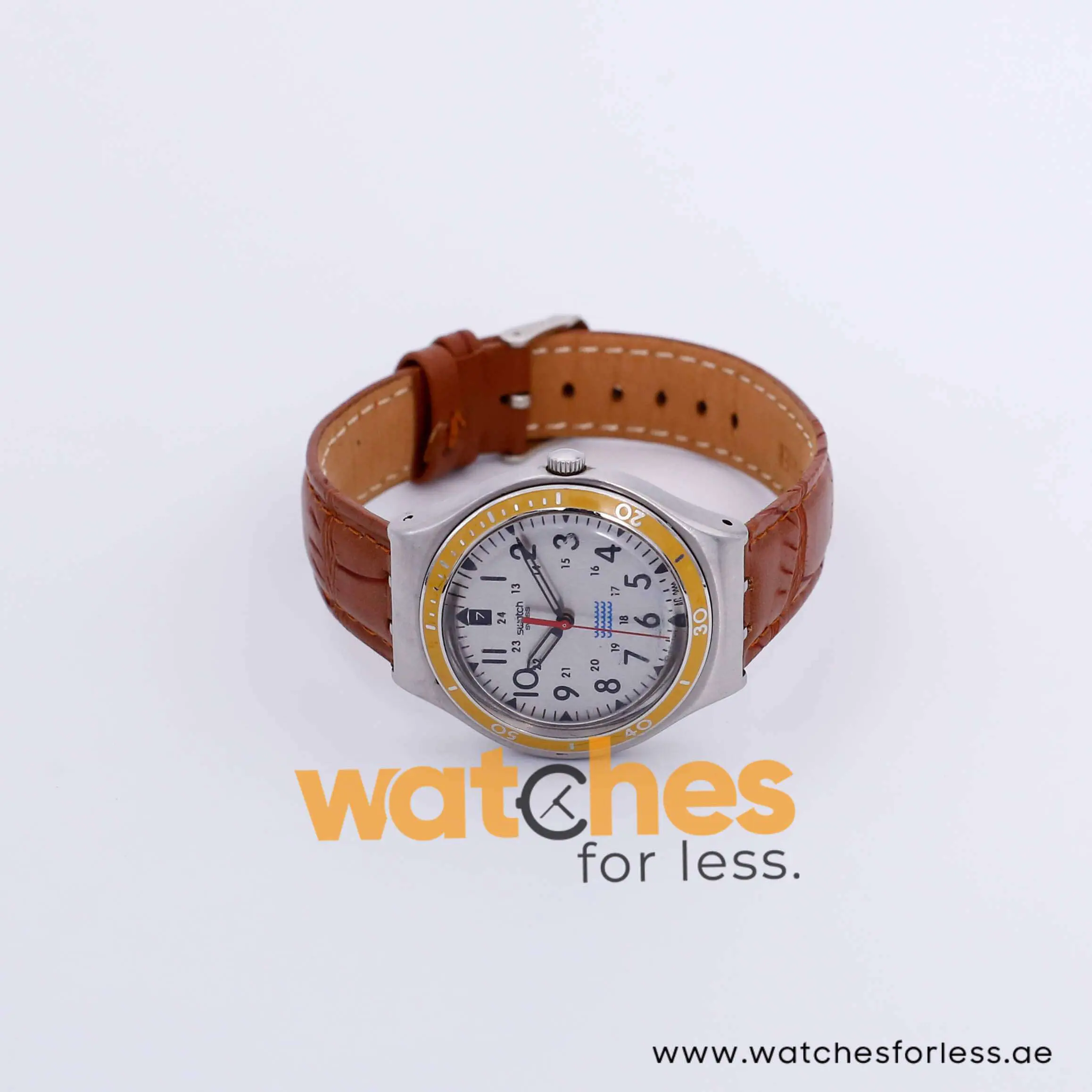 Swatch Men’s Swiss Made Quartz Brown Leather Strap Silver Dial 37mm Watch YGS462G UAE DUBAI AJMAN SHARJAH ABU DHABI RAS AL KHAIMA UMM UL QUWAIN ALAIN FUJAIRAH