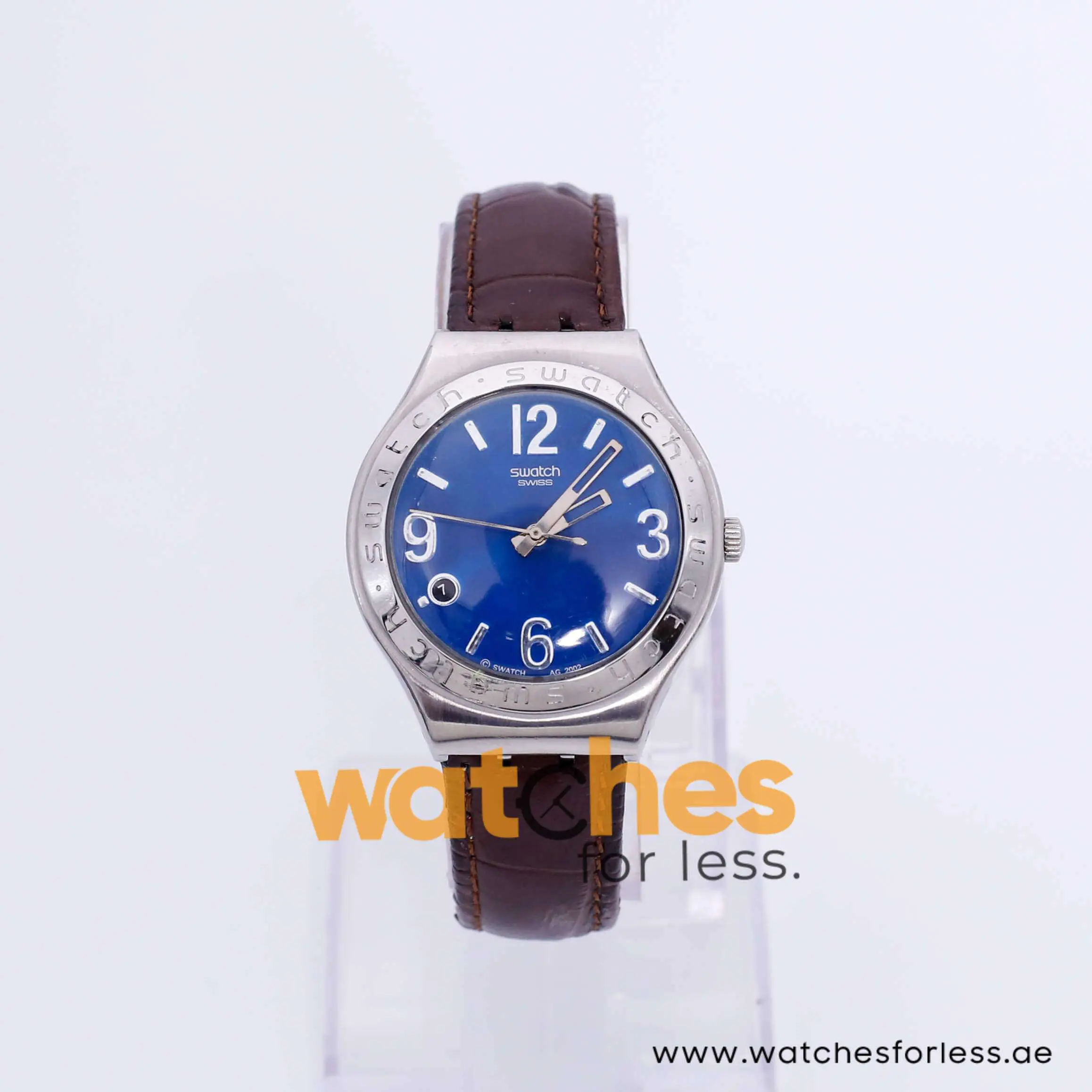 Swatch Men’s Swiss Made Quartz Dark Brown Leather Strap Blue Dial 37mm Watch YGS427G UAE DUBAI AJMAN SHARJAH ABU DHABI RAS AL KHAIMA UMM UL QUWAIN ALAIN FUJAIRAH