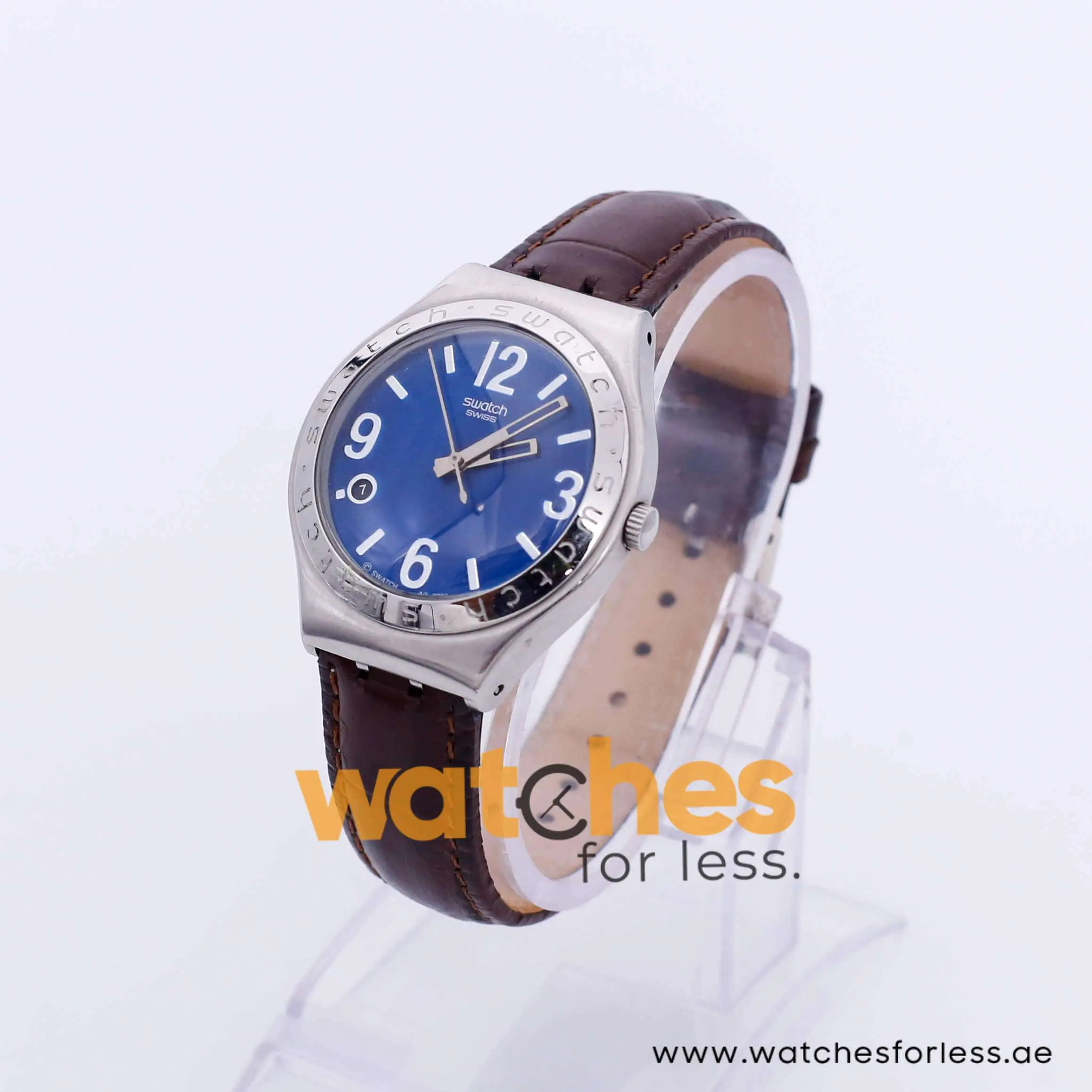 Swatch Men’s Swiss Made Quartz Dark Brown Leather Strap Blue Dial 37mm Watch YGS427G UAE DUBAI AJMAN SHARJAH ABU DHABI RAS AL KHAIMA UMM UL QUWAIN ALAIN FUJAIRAH