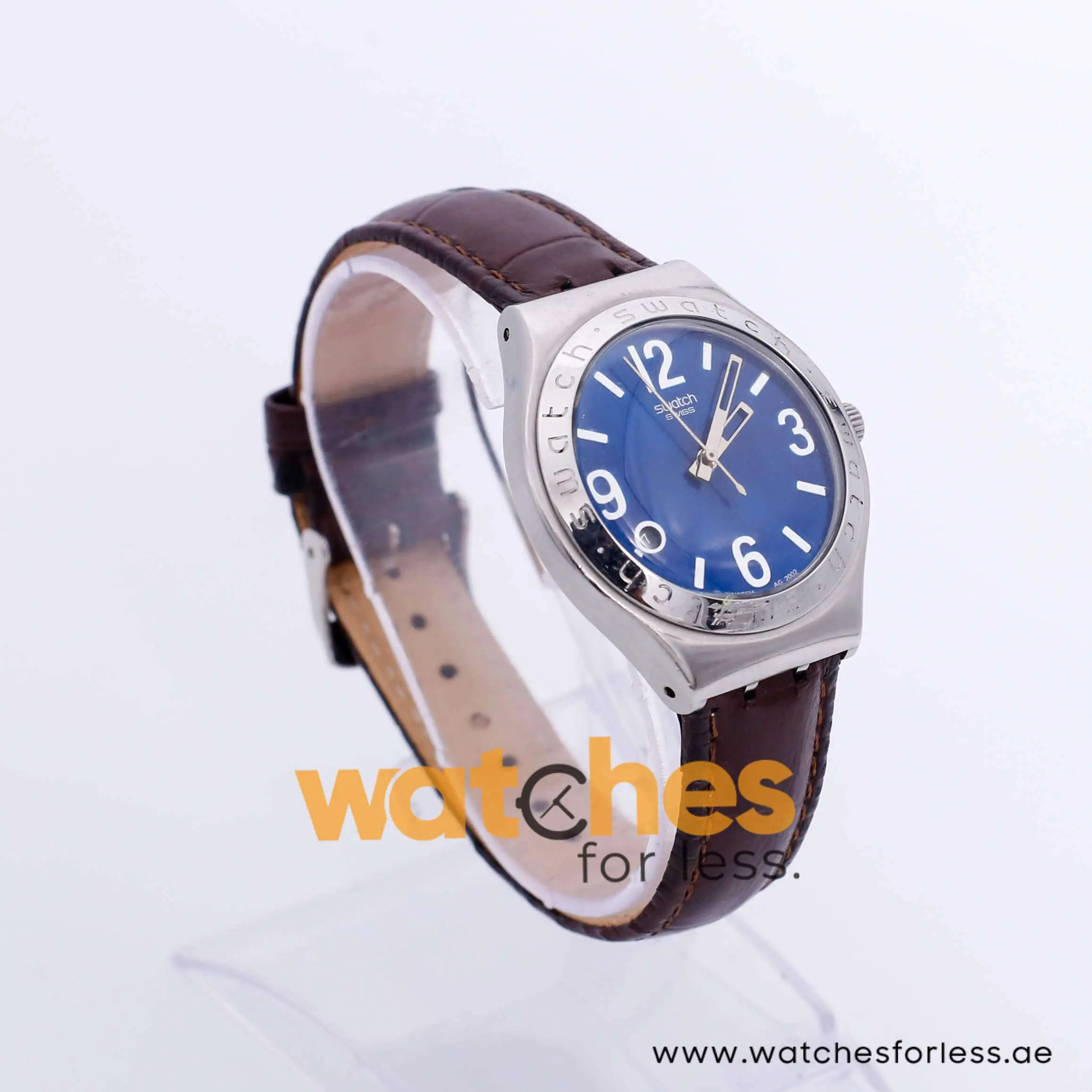Swatch Men’s Swiss Made Quartz Dark Brown Leather Strap Blue Dial 37mm Watch YGS427G UAE DUBAI AJMAN SHARJAH ABU DHABI RAS AL KHAIMA UMM UL QUWAIN ALAIN FUJAIRAH
