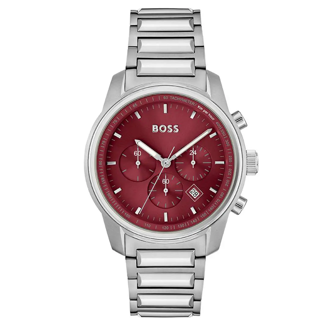 Hugo Boss Men’s Quartz Silver Stainless Steel Red Dial 44mm Watch 1514004 UAE DUBAI AJMAN SHARJAH ABU DHABI RAS AL KHAIMA UMM UL QUWAIN ALAIN FUJAIRAH