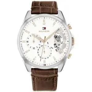 Tommy Hilfiger Men’s Quartz Brown Leather Strap Silver Dial 44mm Watch 1710450