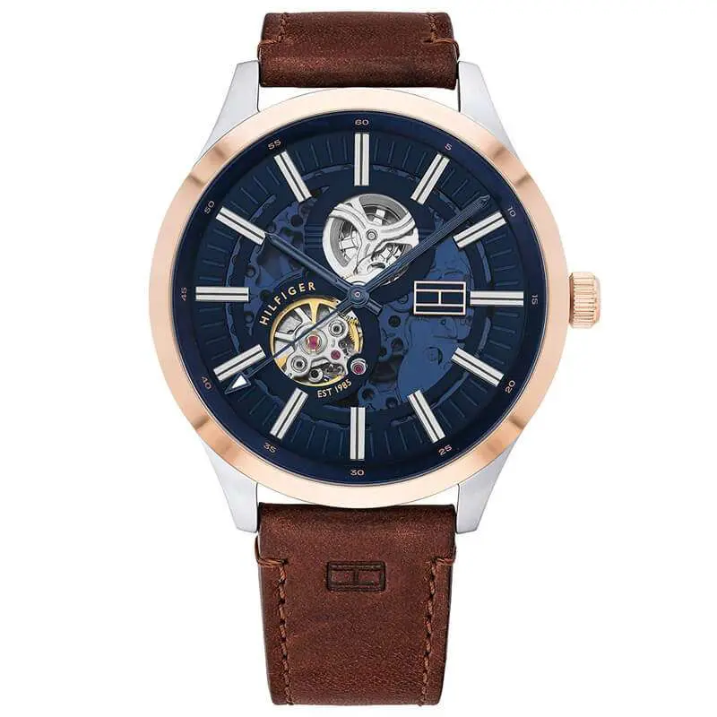 Tommy Hilfiger Men’s Automatic Brown Leather Strap Blue Dial 44mm Watch 1791642