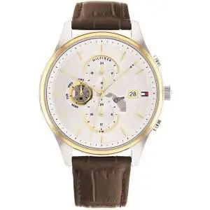 Tommy Hilfiger Men’s Quartz Brown Leather Strap Silver Dial 44mm Watch 1710501