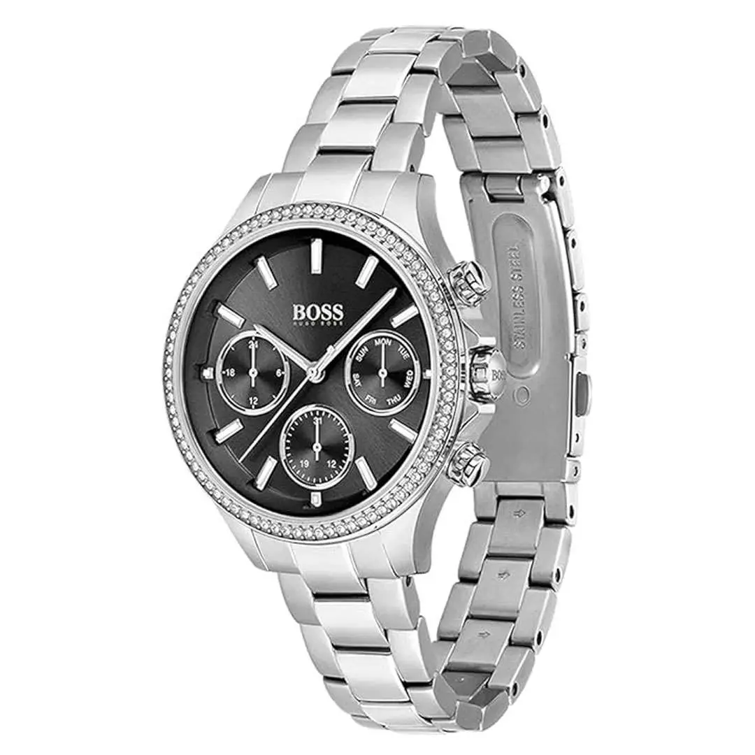Hugo Boss Women’s Quartz Silver Stainless Steel Black Dial 38mm Watch 1502593 UAE DUBAI AJMAN SHARJAH ABU DHABI RAS AL KHAIMA UMM UL QUWAIN ALAIN FUJAIRAH
