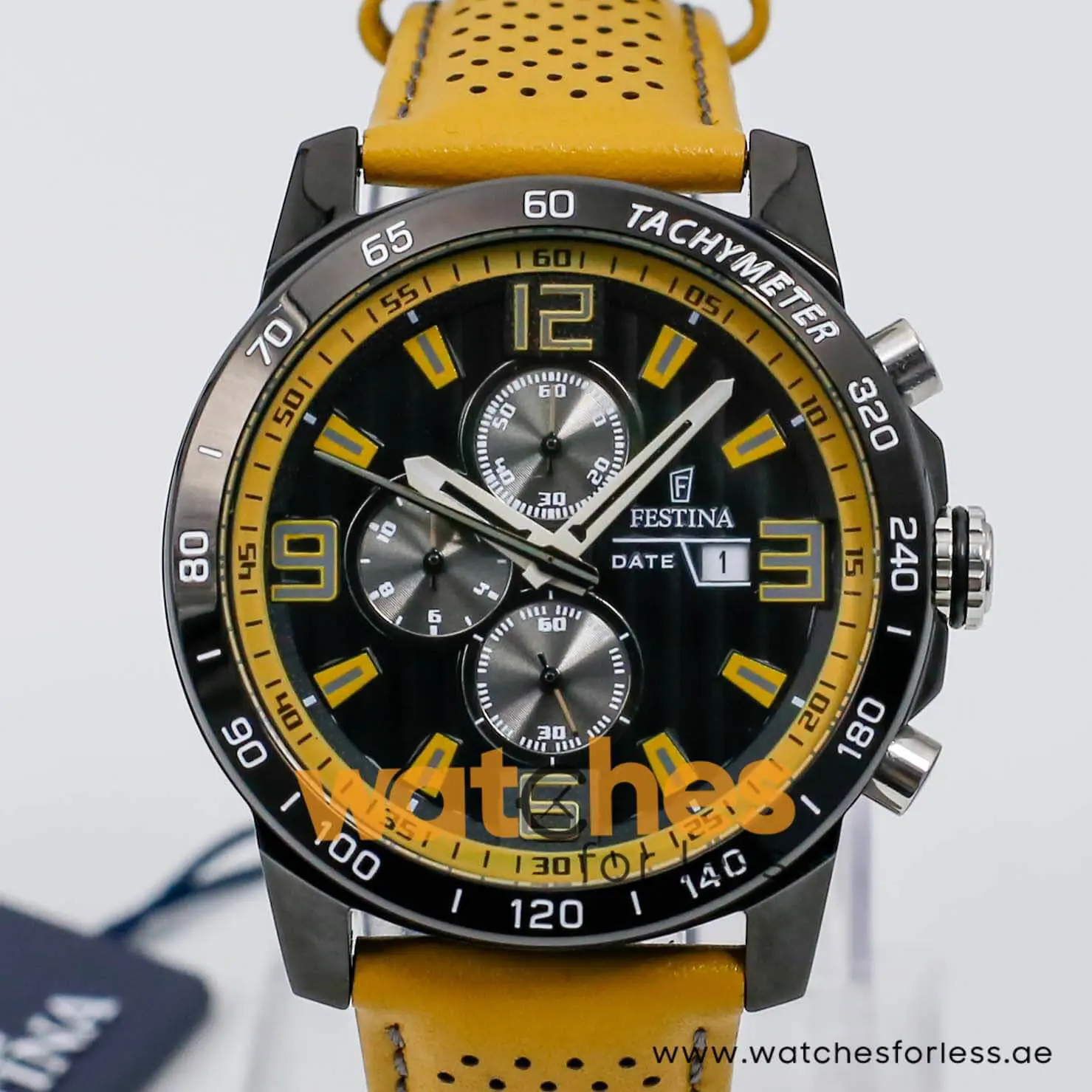 Festina Men’s Quartz Yellow Leather Strap Black Dial 45mm Watch F20339 UAE DUBAI AJMAN SHARJAH ABU DHABI RAS AL KHAIMA UMM UL QUWAIN ALAIN FUJAIRAH