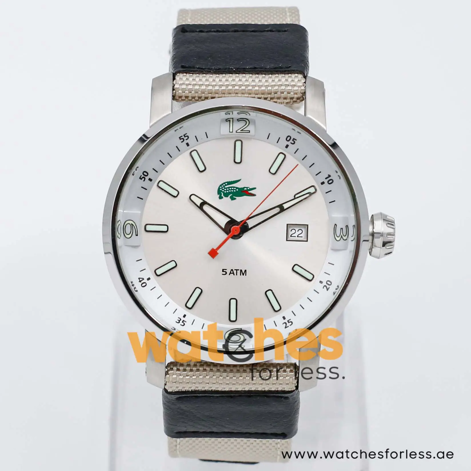 Lacoste Men’s Quartz Sand Nylon Strap Silver Dial 43mm Watch 2010340/1 UAE DUBAI AJMAN SHARJAH ABU DHABI RAS AL KHAIMA UMM UL QUWAIN ALAIN FUJAIRAH