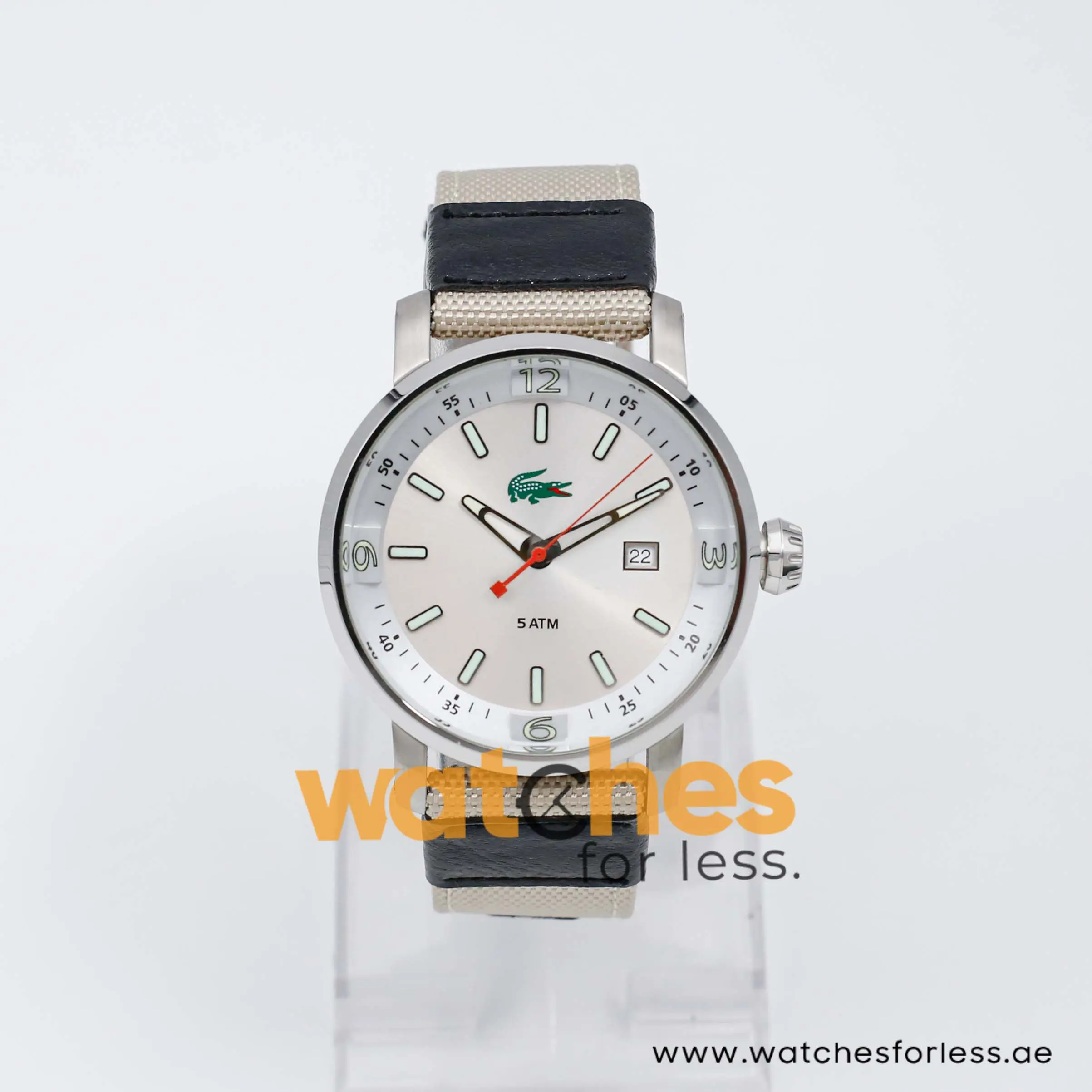 Lacoste Men’s Quartz Sand Nylon Strap Silver Dial 43mm Watch 2010340/1 UAE DUBAI AJMAN SHARJAH ABU DHABI RAS AL KHAIMA UMM UL QUWAIN ALAIN FUJAIRAH