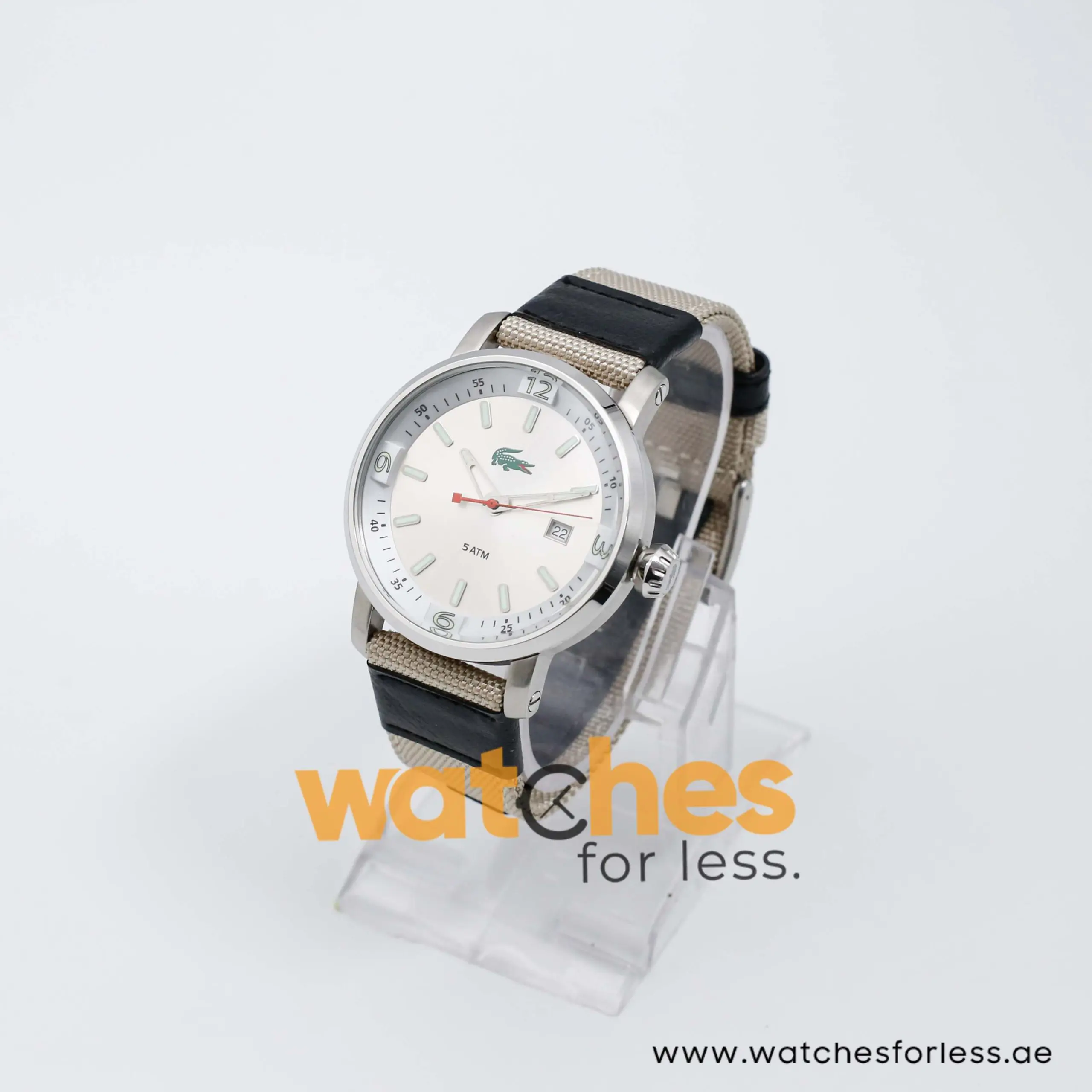 Lacoste Men’s Quartz Sand Nylon Strap Silver Dial 43mm Watch 2010340/1 UAE DUBAI AJMAN SHARJAH ABU DHABI RAS AL KHAIMA UMM UL QUWAIN ALAIN FUJAIRAH