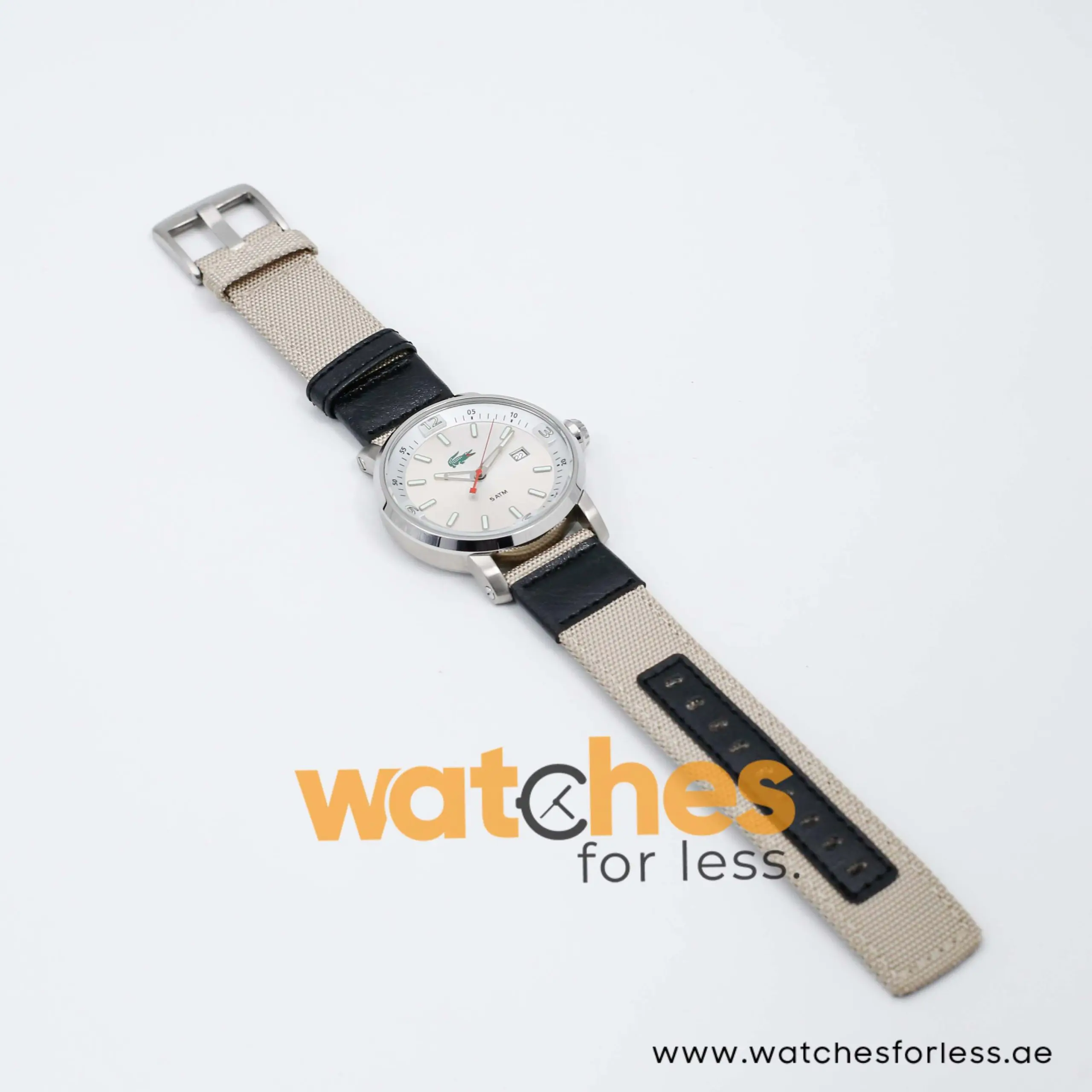 Lacoste Men’s Quartz Sand Nylon Strap Silver Dial 43mm Watch 2010340/1 UAE DUBAI AJMAN SHARJAH ABU DHABI RAS AL KHAIMA UMM UL QUWAIN ALAIN FUJAIRAH