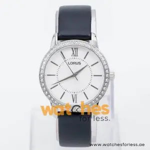 Lorus by Seiko Women’s Quartz Black Leather Strap Silver Sunray Dial 34mm Watch RRS39VX9