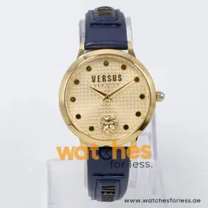 Versus by Versace Women’s Quartz Navy Blue Leather Strap Gold Dial 36mm Watch VSP321326