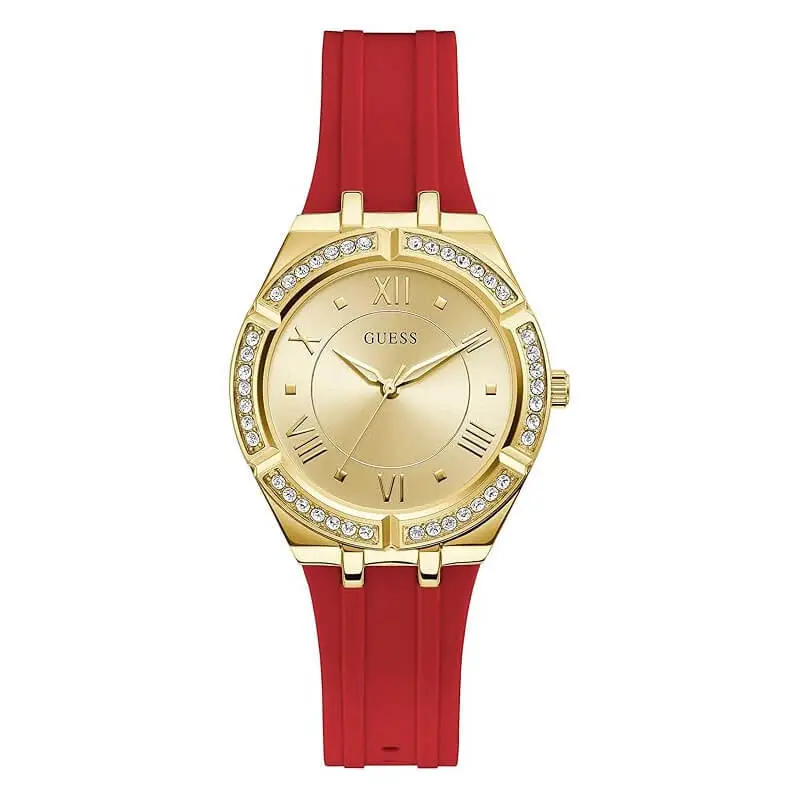 Guess Women’s Quartz Red Silicone Strap Gold Dial 36mm Watch GW0034L6