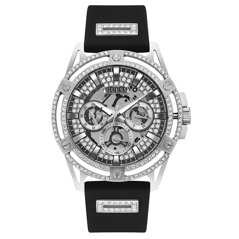 Guess Men’s Quartz Black Silicone Strap Silver Dial 48mm Watch GW0537G1