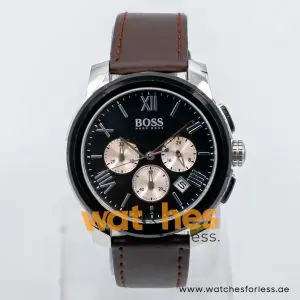 Hugo Boss Men’s Quartz Dark Brown Leather Strap Black Dial 42mm Watch 1512490/1 UAE DUBAI AJMAN SHARJAH ABU DHABI RAS AL KHAIMA UMM UL QUWAIN ALAIN FUJAIRAH