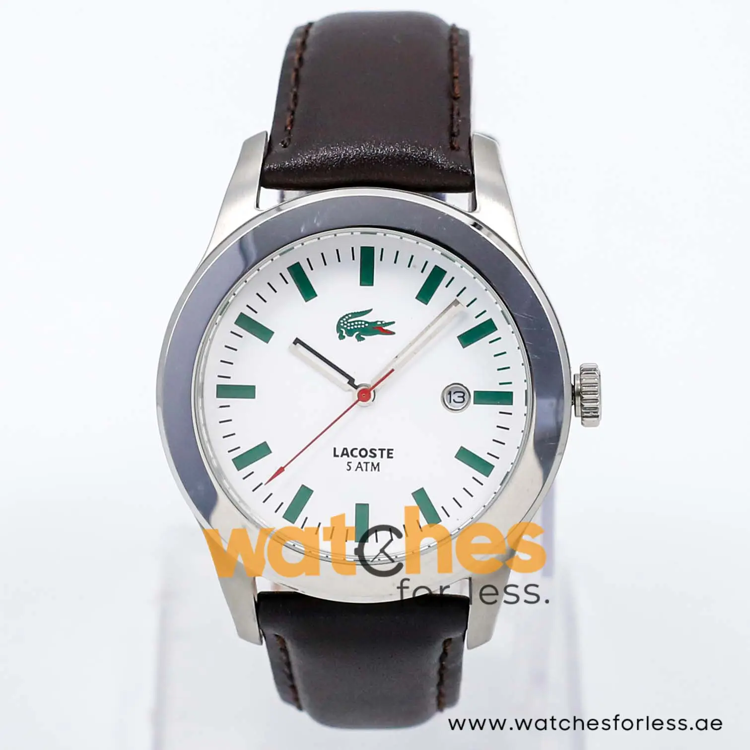 Lacoste Men’s Quartz Dark Brown Leather Strap White Dial 42mm Watch 2010483 UAE DUBAI AJMAN SHARJAH ABU DHABI RAS AL KHAIMA UMM UL QUWAIN ALAIN FUJAIRAH