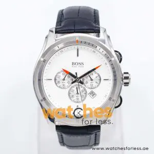 Hugo Boss Men’s Quartz Black Leather Strap White Dial 44mm Watch 1512153/6 UAE DUBAI AJMAN SHARJAH ABU DHABI RAS AL KHAIMA UMM UL QUWAIN ALAIN FUJAIRAH
