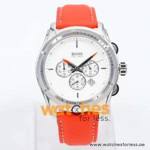 Hugo Boss Men’s Quartz Orange Leather Strap White Dial 44mm Watch 1512153/7 UAE DUBAI AJMAN SHARJAH ABU DHABI RAS AL KHAIMA UMM UL QUWAIN ALAIN FUJAIRAH