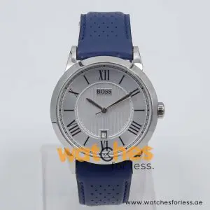 Hugo Boss Men’s Quartz Blue Leather Strap Silver Sunray Dial 42mm Watch 1512439/W UAE DUBAI AJMAN SHARJAH ABU DHABI RAS AL KHAIMA UMM UL QUWAIN ALAIN FUJAIRAH