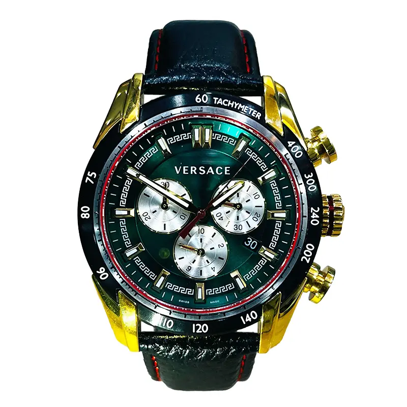 Versace Men’s Quartz Swiss Made Black Leather Strap Green Dial 44mm Watch VDB050014