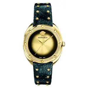 Versace Women’s Quartz Swiss Made Black Leather Strap Gold Dial 38mm Watch VEBM01118