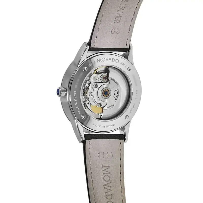 Movado Men’s Automatic Swiss Made Black Leather Strap Blue Dial 40mm Watch 606874