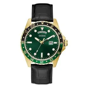 Guess Men’s Quartz Black Leather Strap Green Dial 44mm Watch GW0221G1