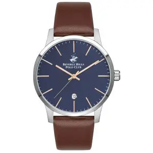 Beverly Hills Polo Club Men’s Quartz Brown Leather Strap Navy Blue Dial 44mm Watch BP3057X.392