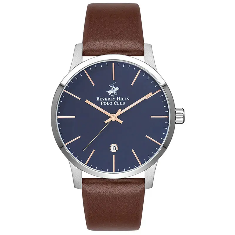 Beverly Hills Polo Club Men’s Quartz Brown Leather Strap Navy Blue Dial 44mm Watch BP3057X.392