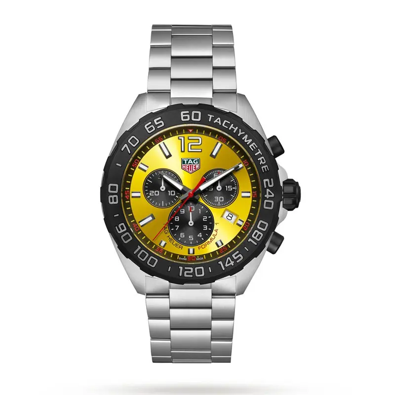 Tag Heuer Formula 1 Men’s Quartz Swiss Made Silver Stainless Steel Yellow Dial 43mm Watch CAZ101AM.BA0842