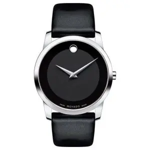 Movado Men’s Swiss Made Quartz Black Leather Strap Black Dial 40mm Watch 0606502