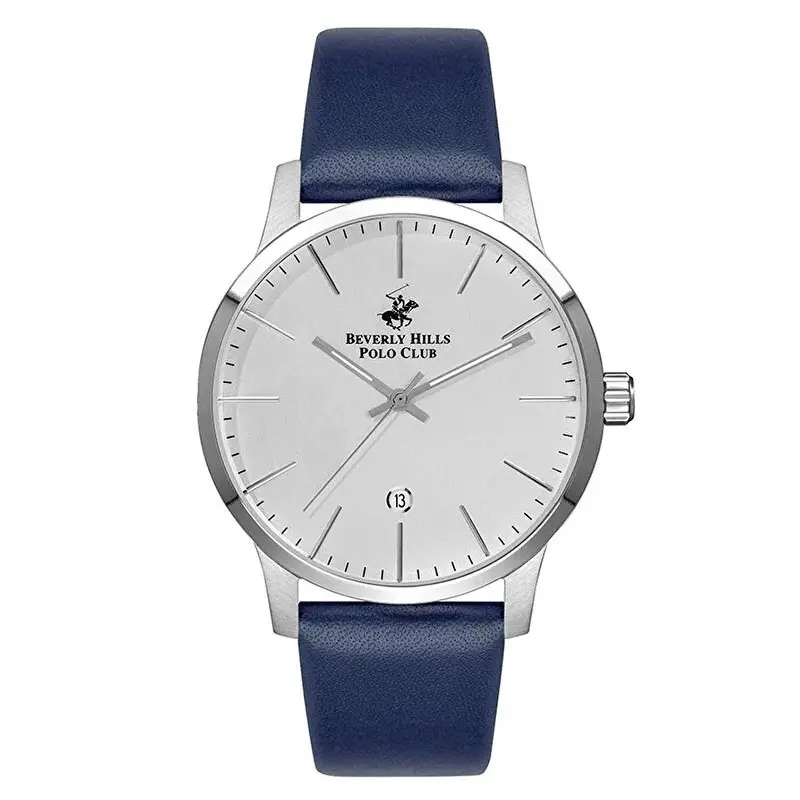 Beverly Hills Polo Club Men’s Quartz Navy Blue Leather Strap Silver Sunray Dial 44mm Watch BP3057X.339