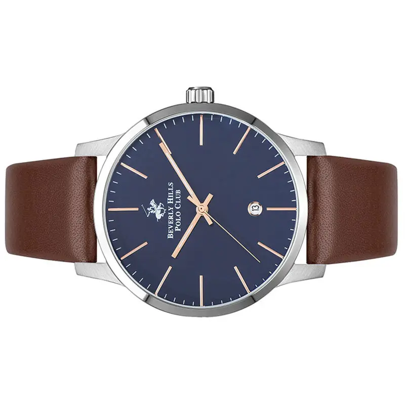 Beverly Hills Polo Club Men’s Quartz Brown Leather Strap Navy Blue Dial 44mm Watch BP3057X.392