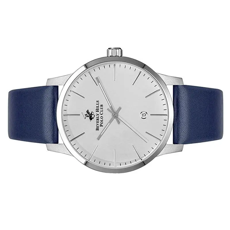 Beverly Hills Polo Club Men’s Quartz Navy Blue Leather Strap Silver Sunray Dial 44mm Watch BP3057X.339
