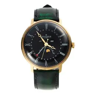 GRANDEUR PLUS Men’s Quartz Leather Strap Black Dial 44mm Watch GRP014G1