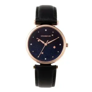 GRANDEUR Japan Women’s Quartz Leather Strap Black & Blue Dial 33mm Watch ESL080W2