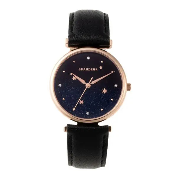 GRANDEUR Japan Women’s Quartz Leather Strap Black & Blue Dial 33mm Watch ESL080W2