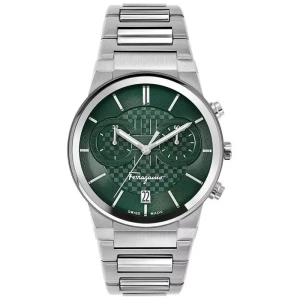 Ferragamo Men’s Swiss Made Quartz Silver Stainless Steel Green Dial 41mm Watch SFME00421