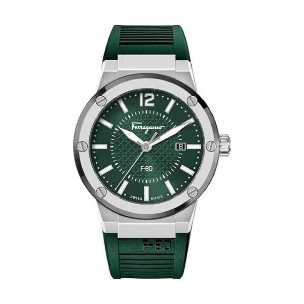 Ferragamo Men’s Swiss Made Quartz Green Silicone Strap Green Dial 44mm Watch SFHY02722