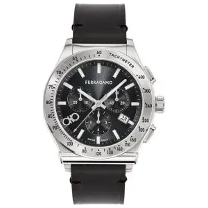 Ferragamo Men’s Swiss Made Quartz Black Leather Strap Black Dial 42mm Watch SFKZ00123