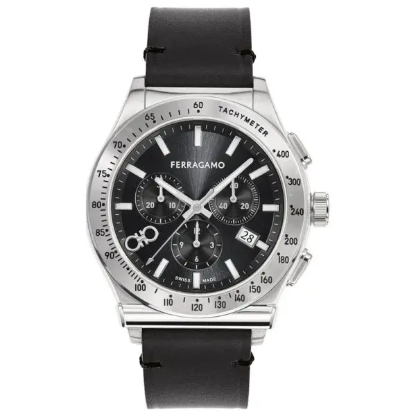 Ferragamo Men’s Swiss Made Quartz Black Leather Strap Black Dial 42mm Watch SFKZ00123