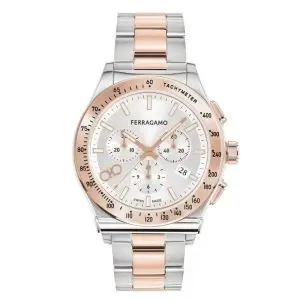 Ferragamo Men’s Swiss Made Quartz Two Tone Stainless Steel Silver Sunray Dial 42mm Watch SFKZ00623