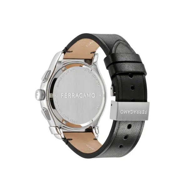 Ferragamo Men’s Swiss Made Quartz Black Leather Strap Black Dial 42mm Watch SFKZ00123